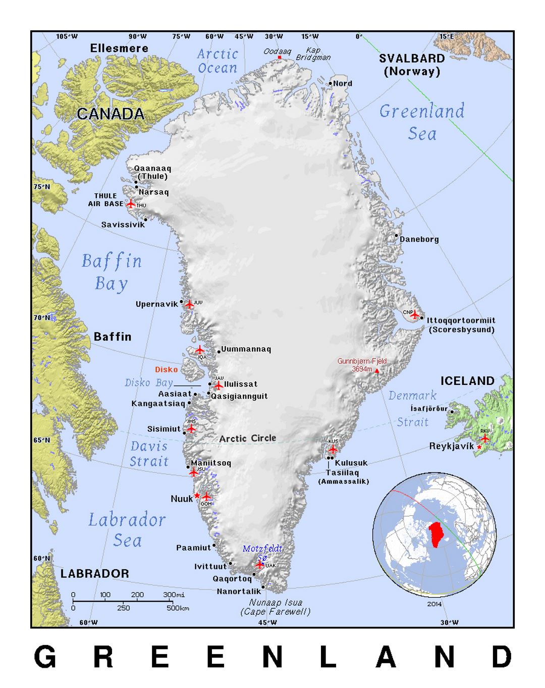 Detailed political map of Greenland with relief