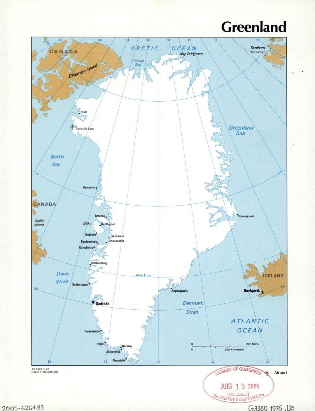 Large detailed political map of Greenland with cities and airports - 1976