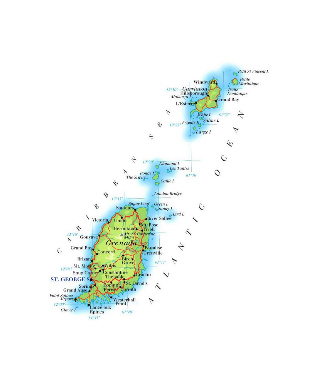 Detailed elevation map of Grenada with roads, cities and airports