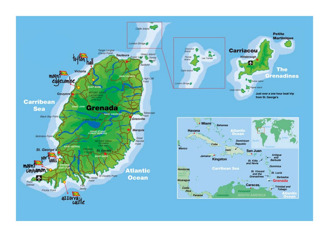 Detailed map of Grenada with airports and other marks | Grenada | North America | Mapsland | Maps of the World