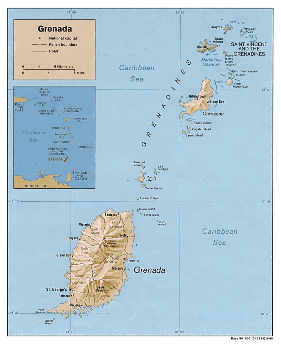 Detailed political and administrative map of Grenada with relief, roads and cities - 1990