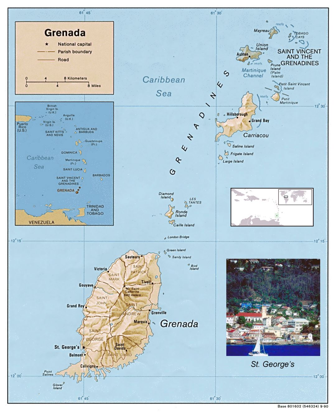 Detailed political and administrative map of Grenada with relief, roads and cities