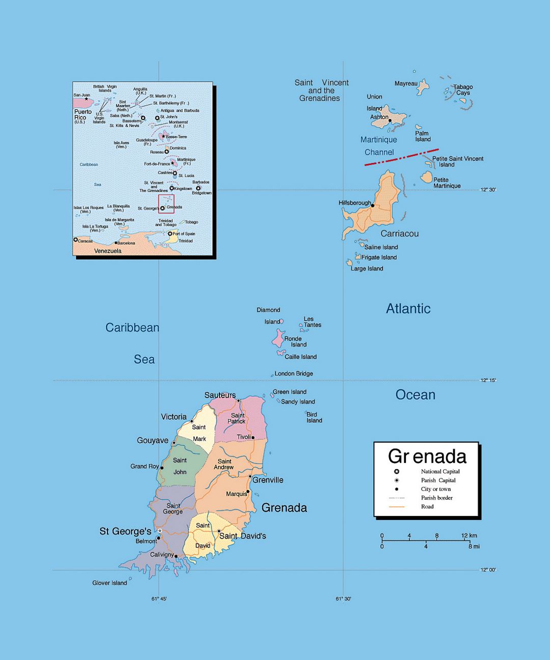 Detailed political and administrative map of Grenada with roads and cities