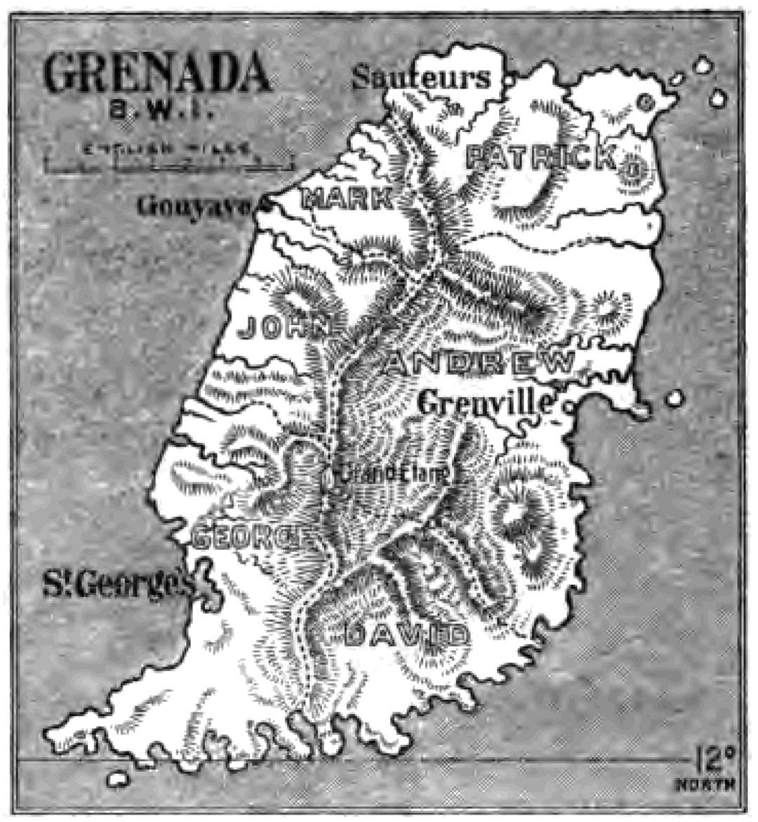 Large detailed old map of Grenada with relief - 1903