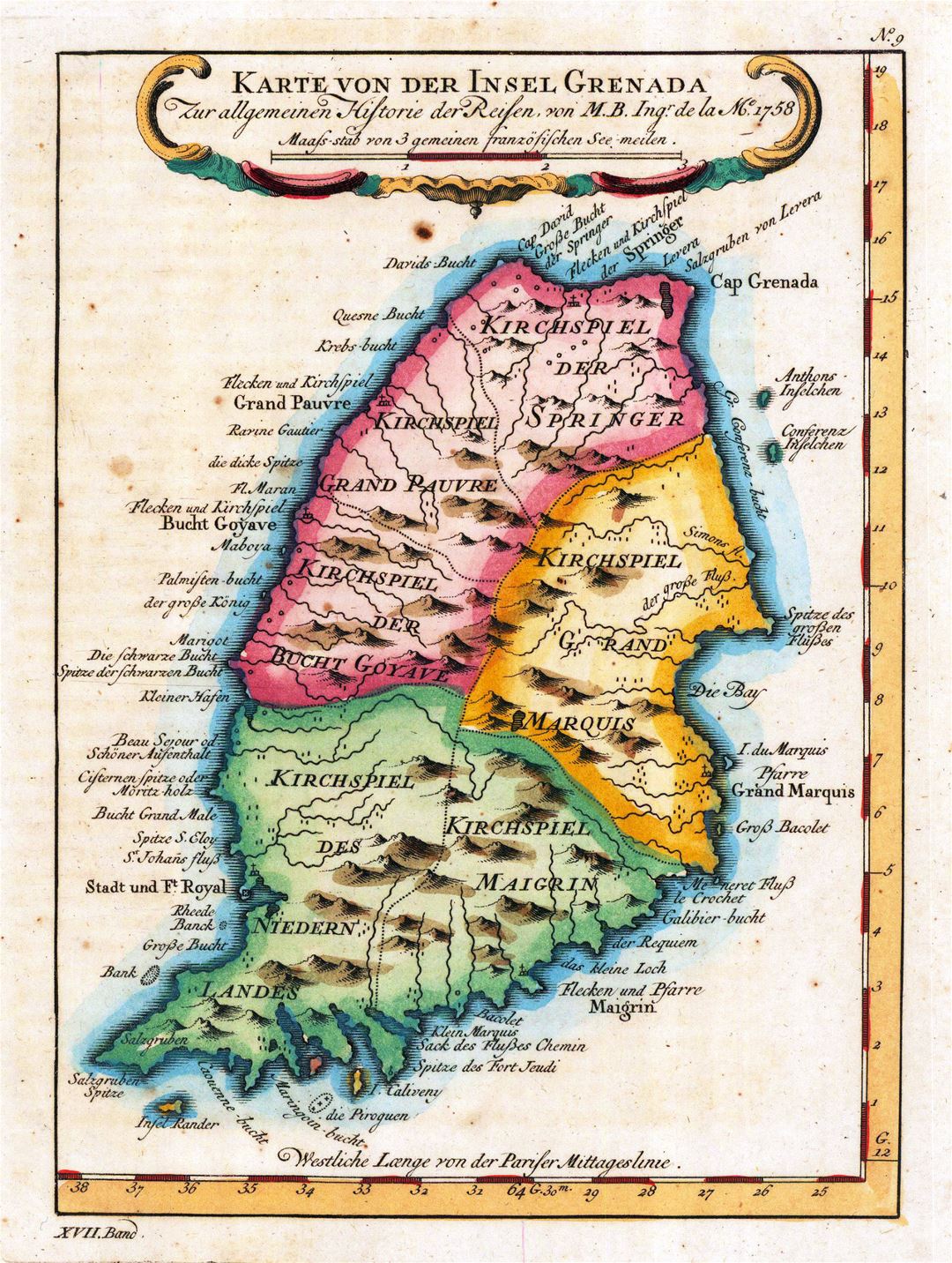 Large detailed old map of Grenada with relief and other marks - 1756