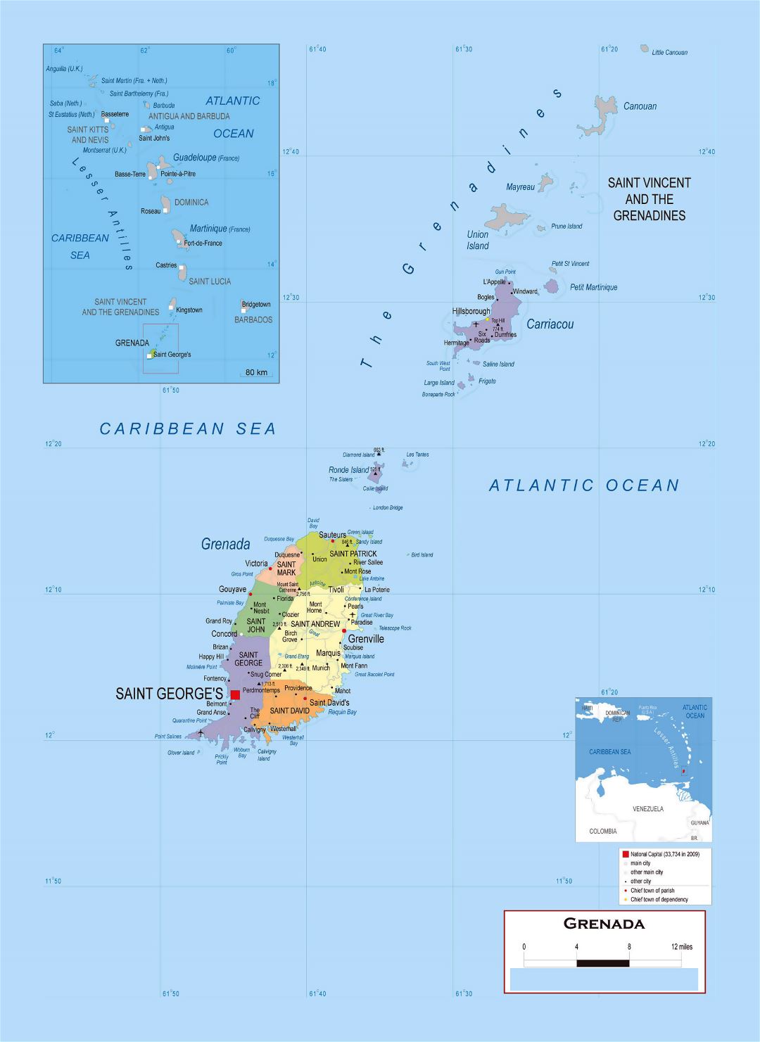 Large detailed political and administrative map of Grenada with roads, cities and airports