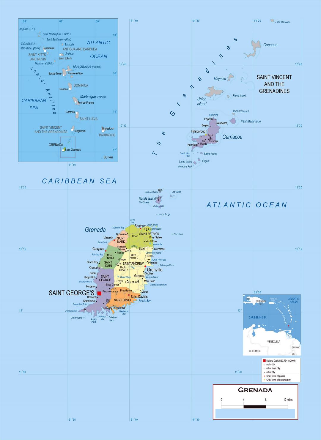 Large detailed political and administrative map of Grenada with roads ...