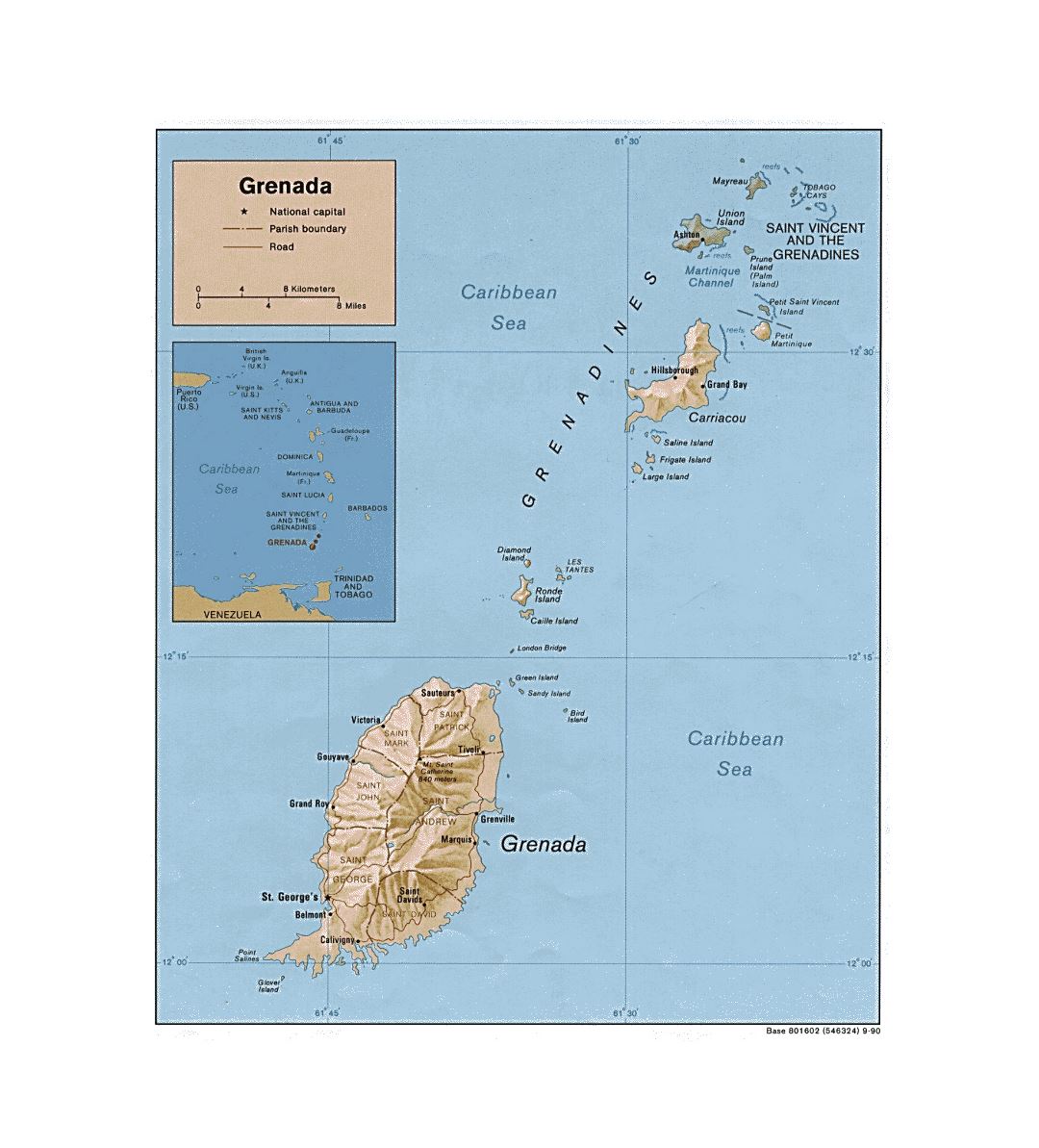 Large political and administrative map of Grenada with relief, roads and cities - 1990
