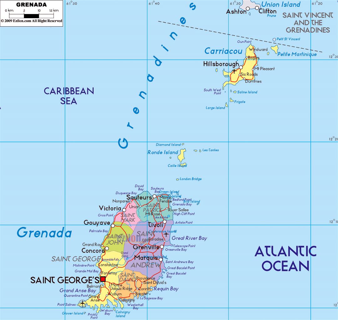 Large political and administrative map of Grenada with roads, cities and airports