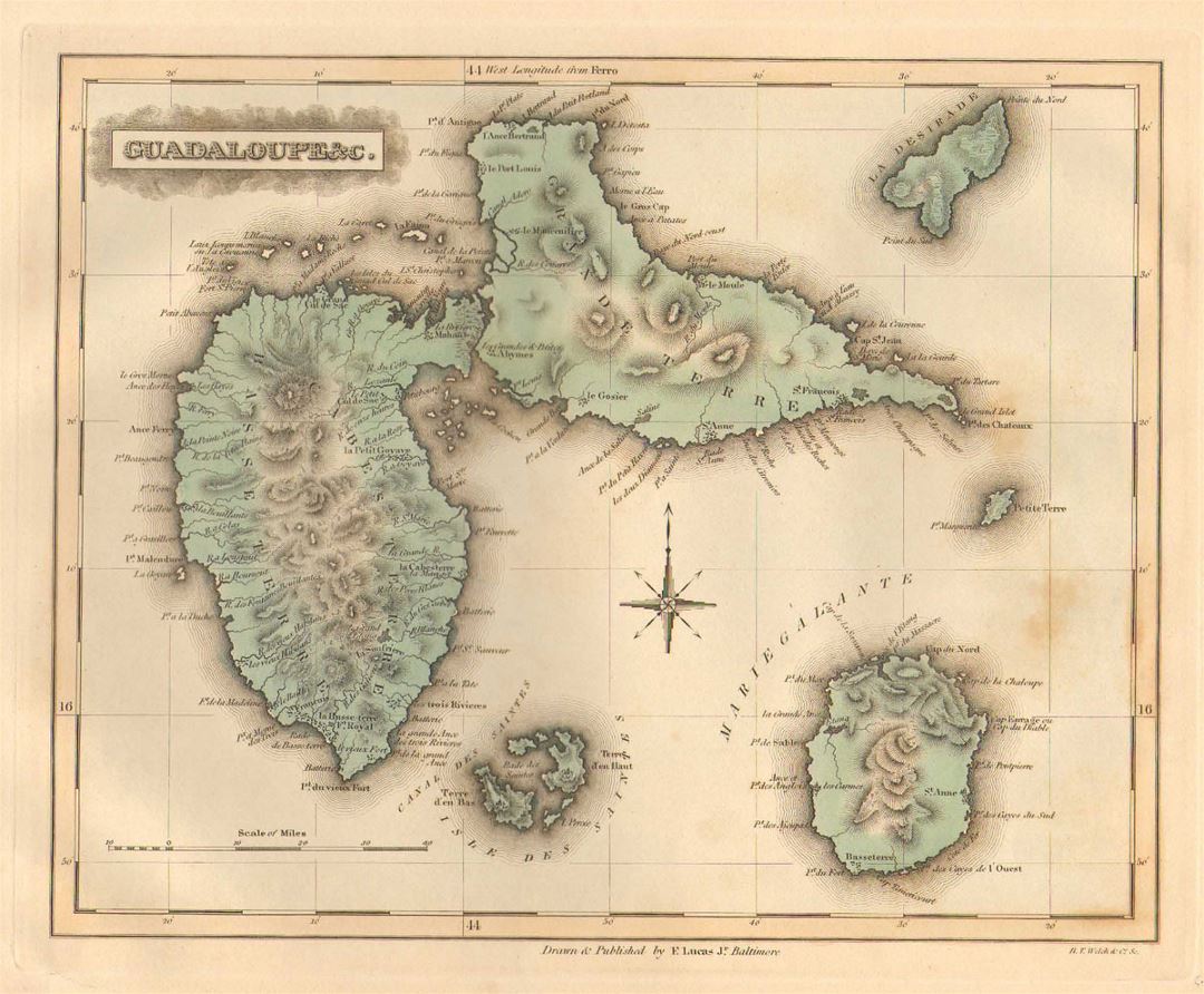 Detailed old map of Guadeloupe with relief