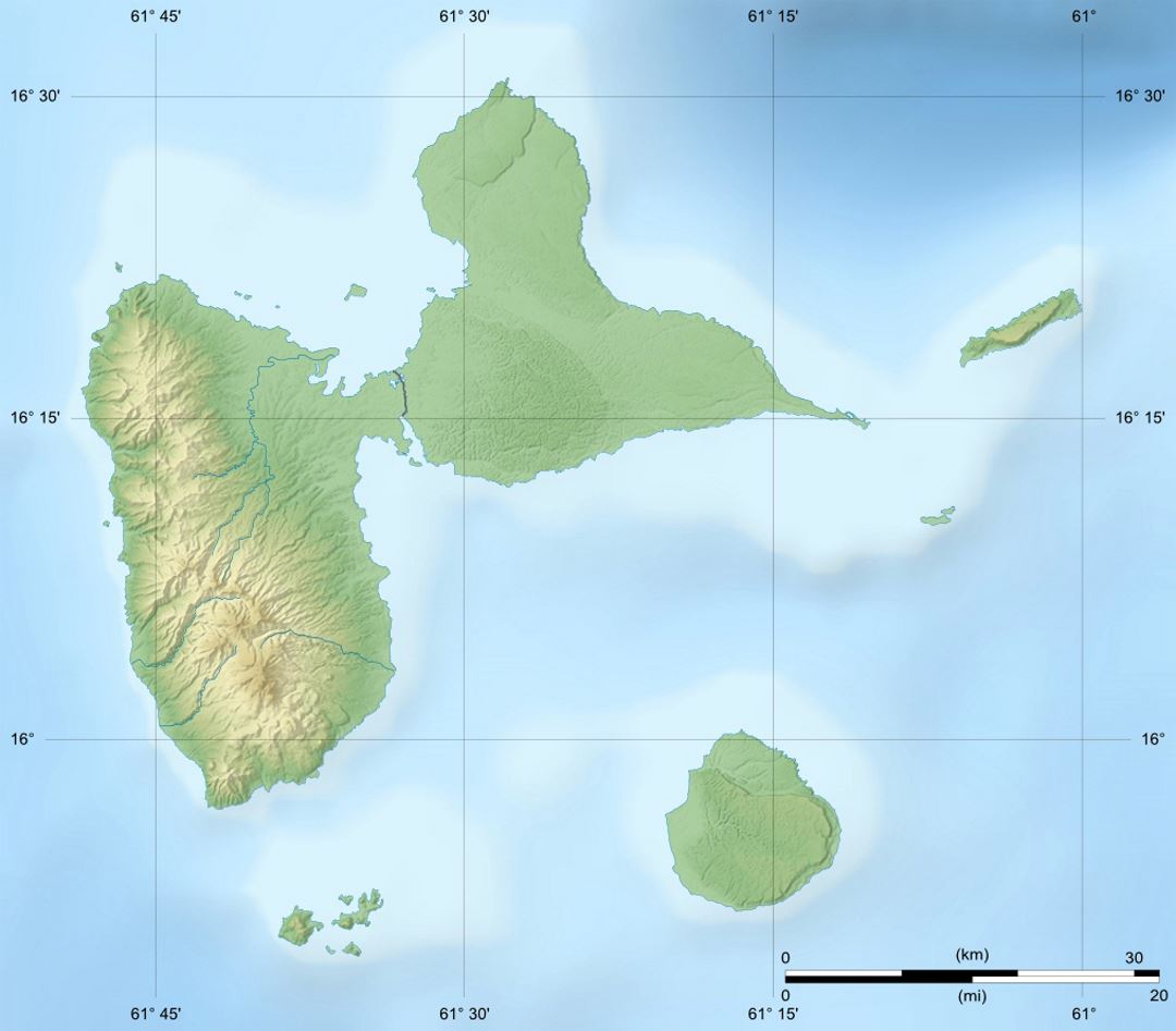 Detailed relief map of Guadeloupe