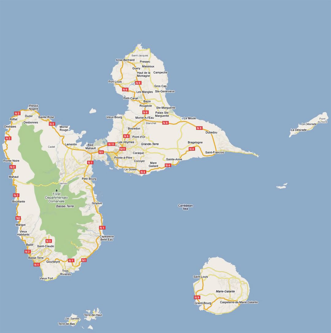 Detailed road map of Guadeloupe with cities and other marks
