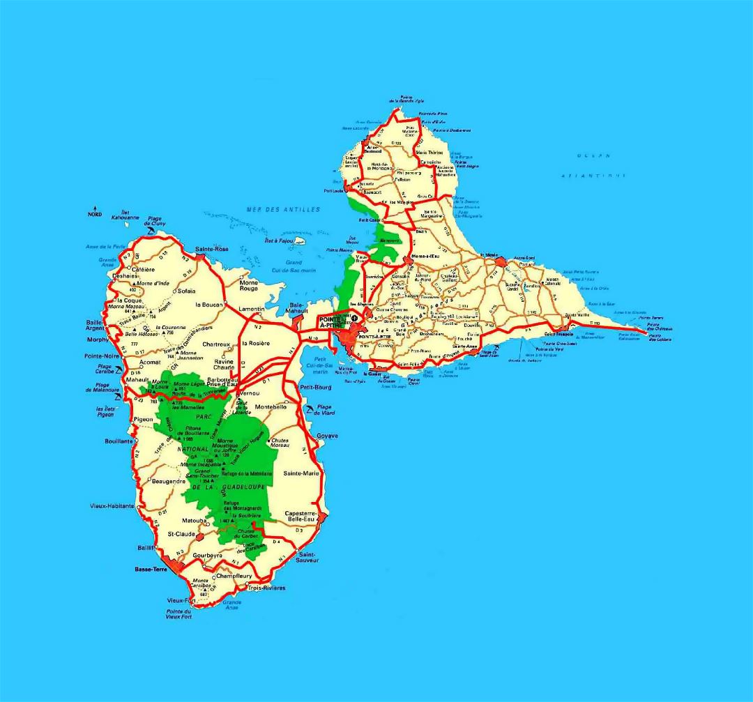Detailed road map of Guadeloupe with other marks