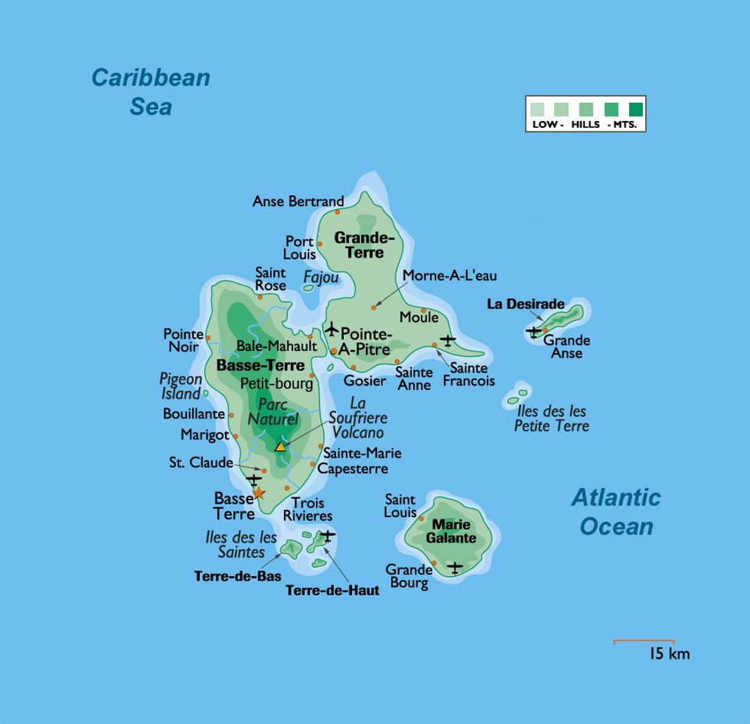 Elevation map of Guadeloupe with cities and airports