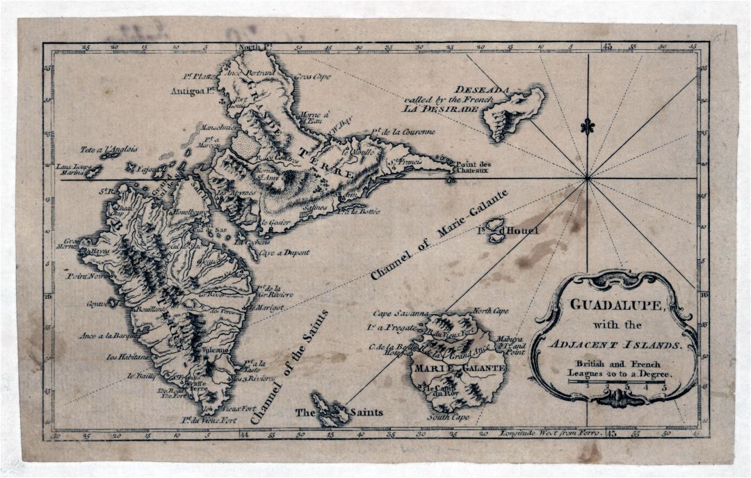 Large detailed old antique map of Guadeloupe - 1759