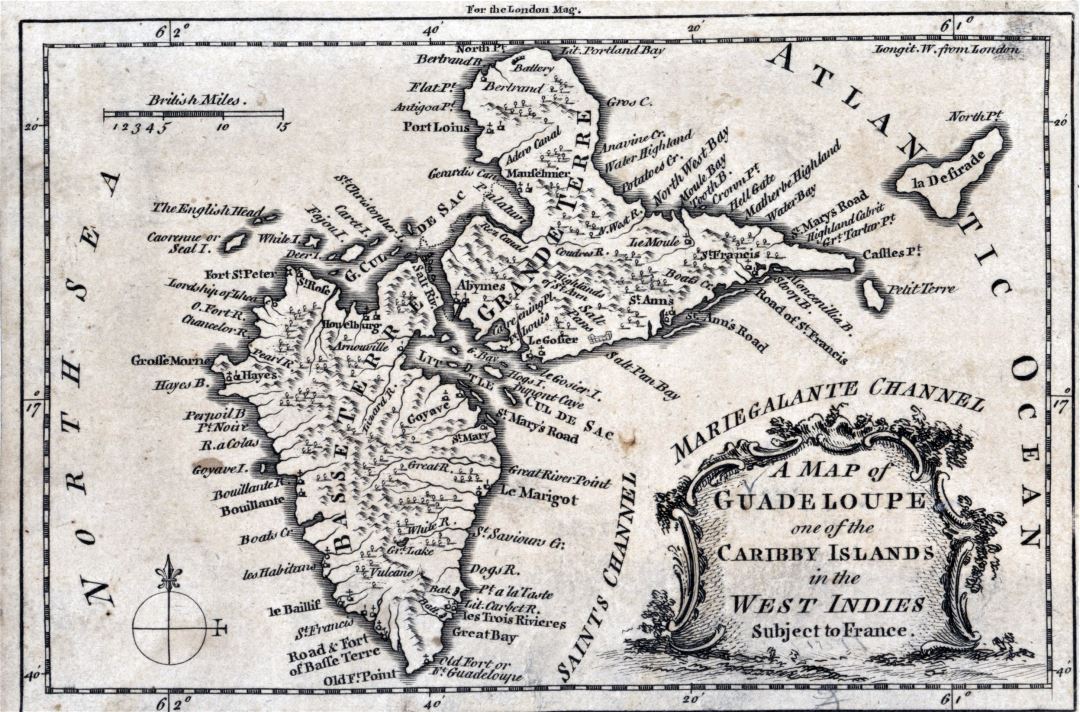 Large detailed old map of Guadeloupe - 1759