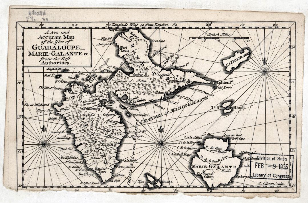 Large detailed old map of Guadeloupe with relief - 1759