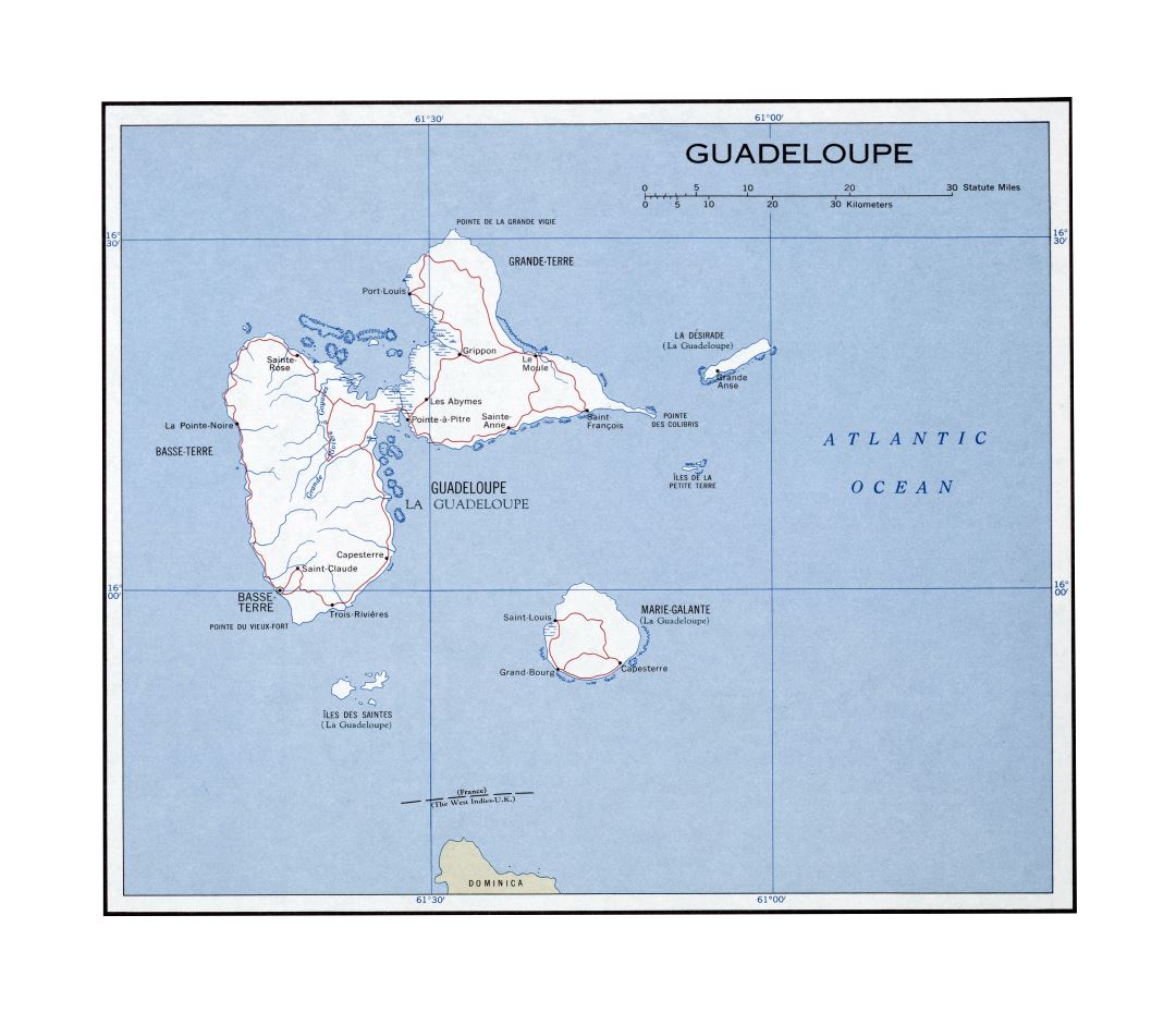 Large detailed political map of Guadeloupe with roads and cities - 1960