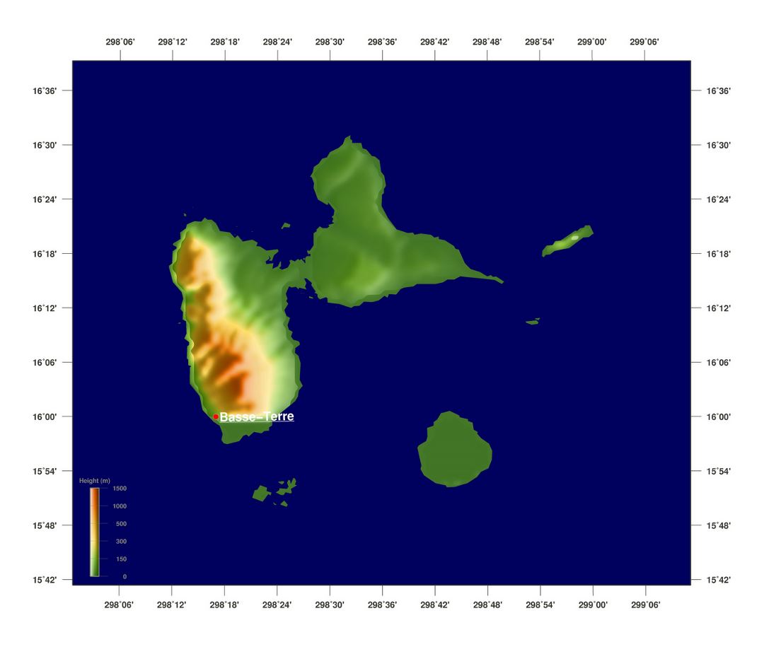 Large elevation map of Guadeloupe