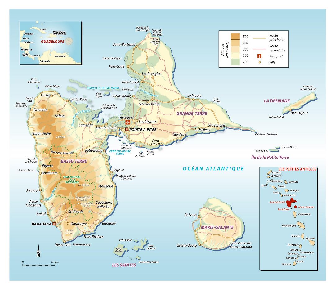 Large elevation map of Guadeloupe with roads, cities and other marks