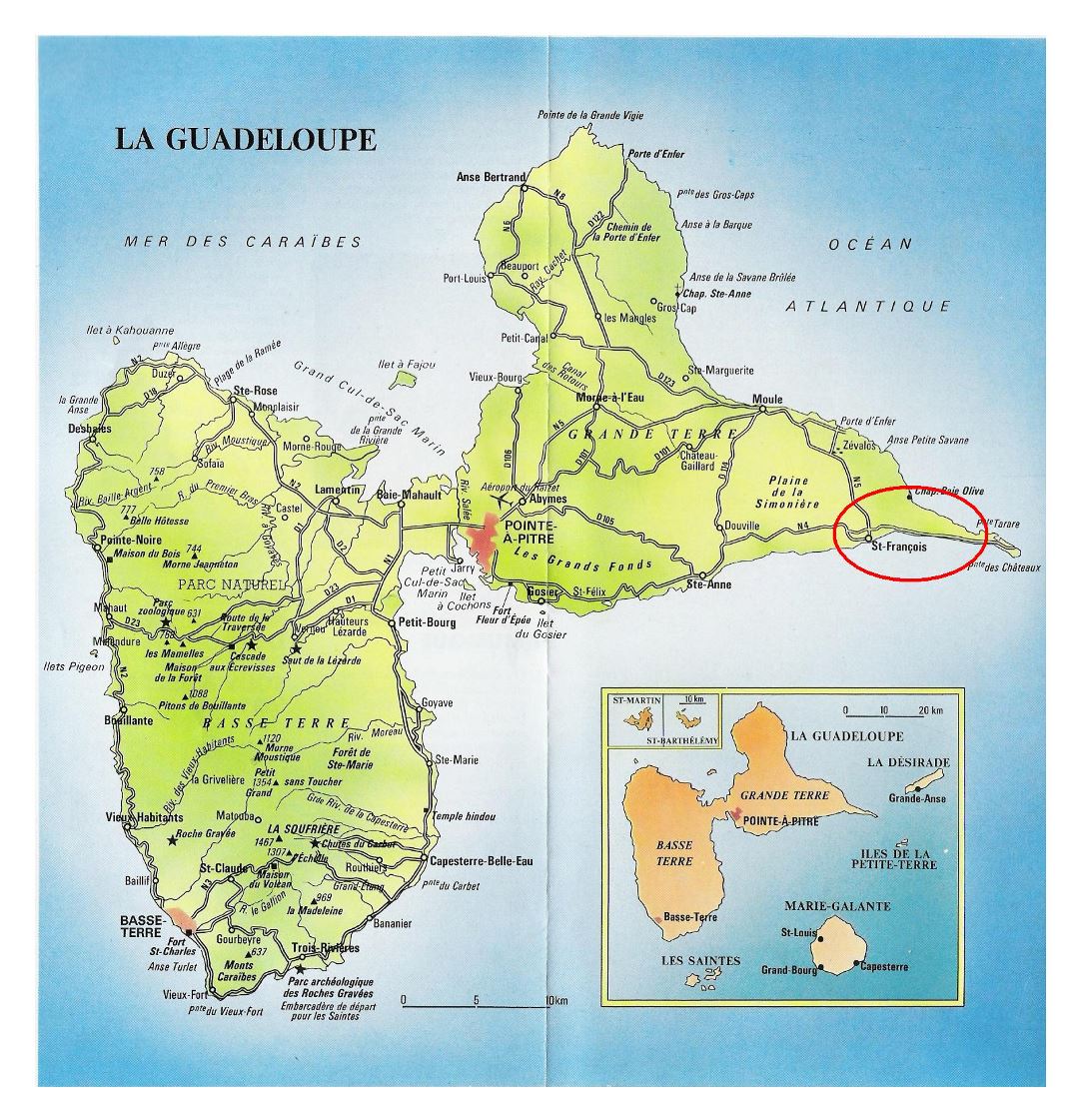Large road map of Guadeloupe with cities and airports