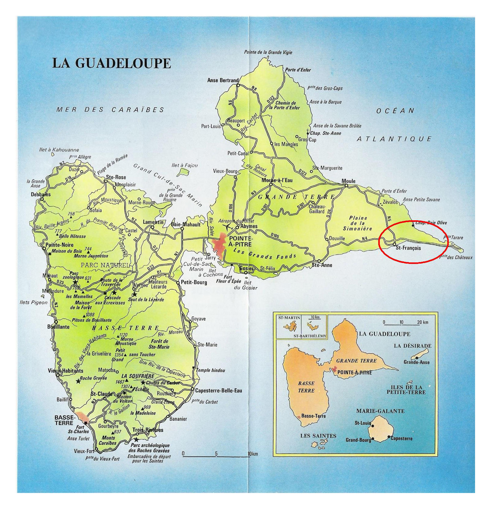 Large road map of Guadeloupe with cities and airports | Guadeloupe