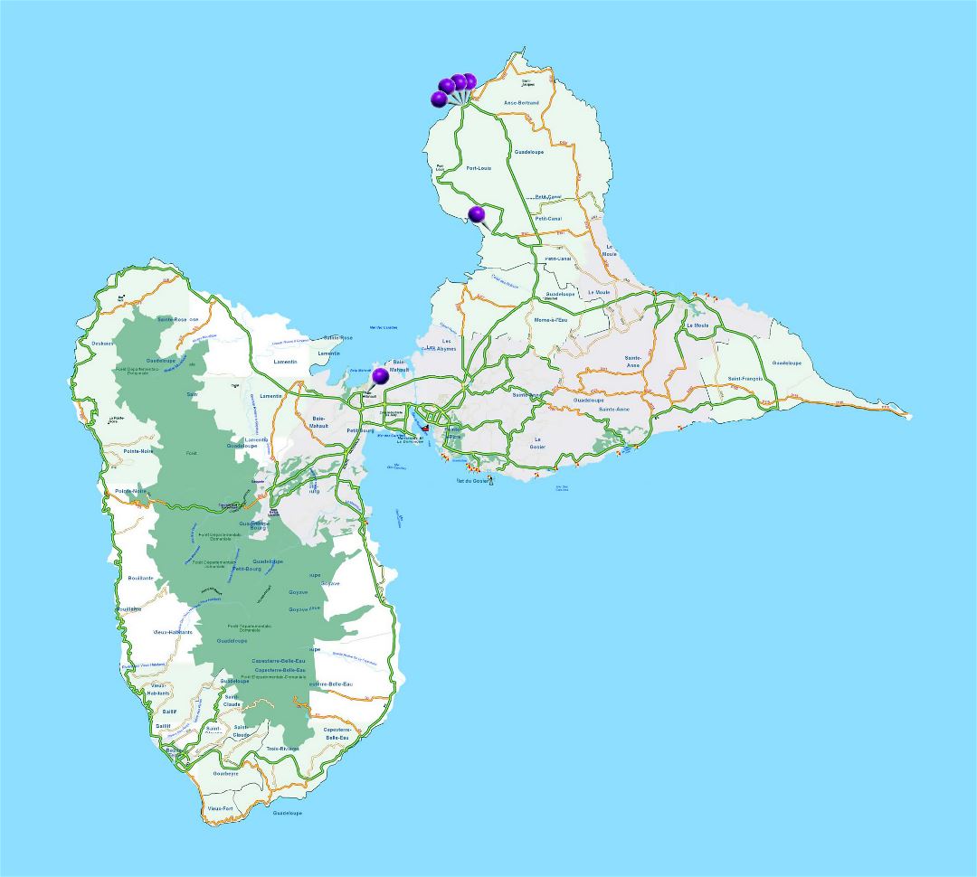 Large road map of Guadeloupe with other marks