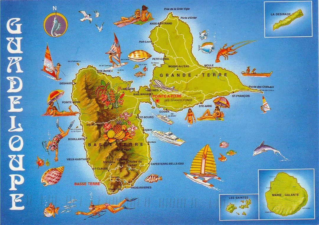 Large travel illustrated map of Guadeloupe