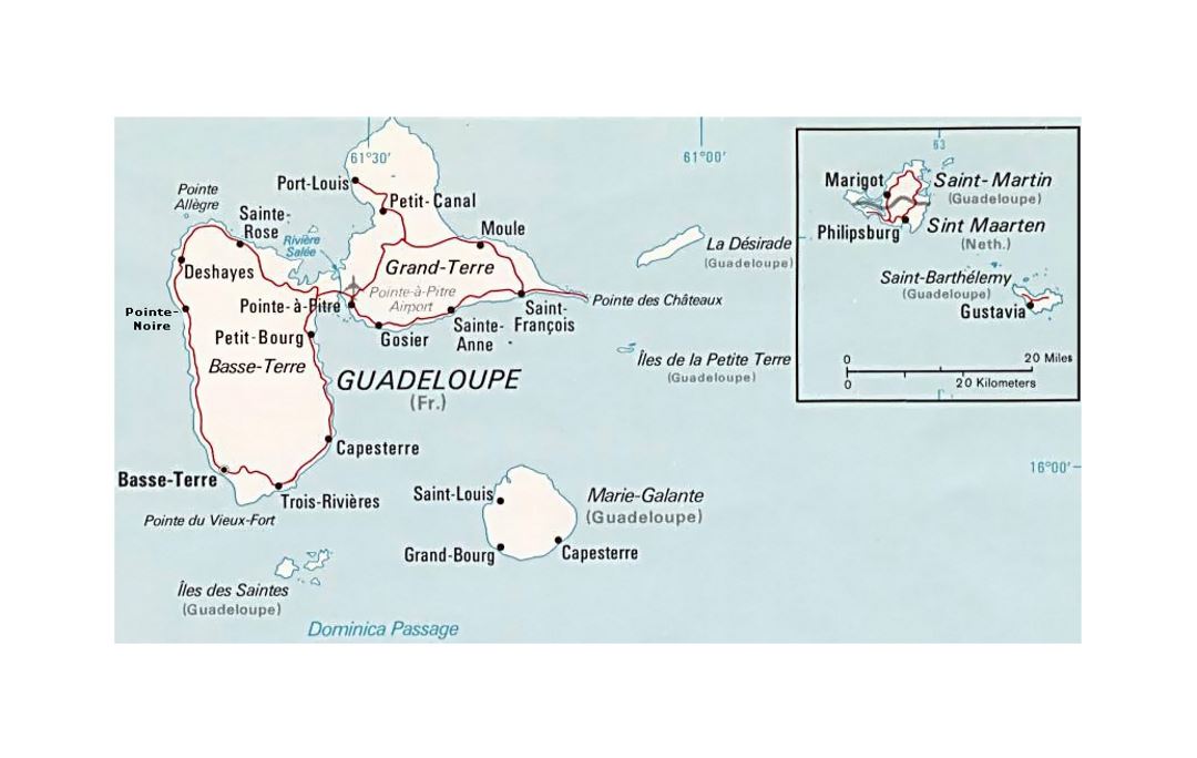 Political map of Guadeloupe with roads, cities and airports