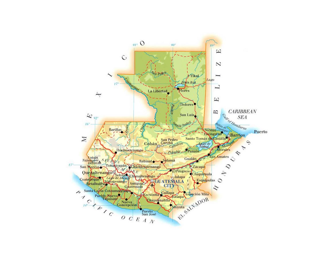 Detailed elevation map of Guatemala with roads, railroads, cities and airports