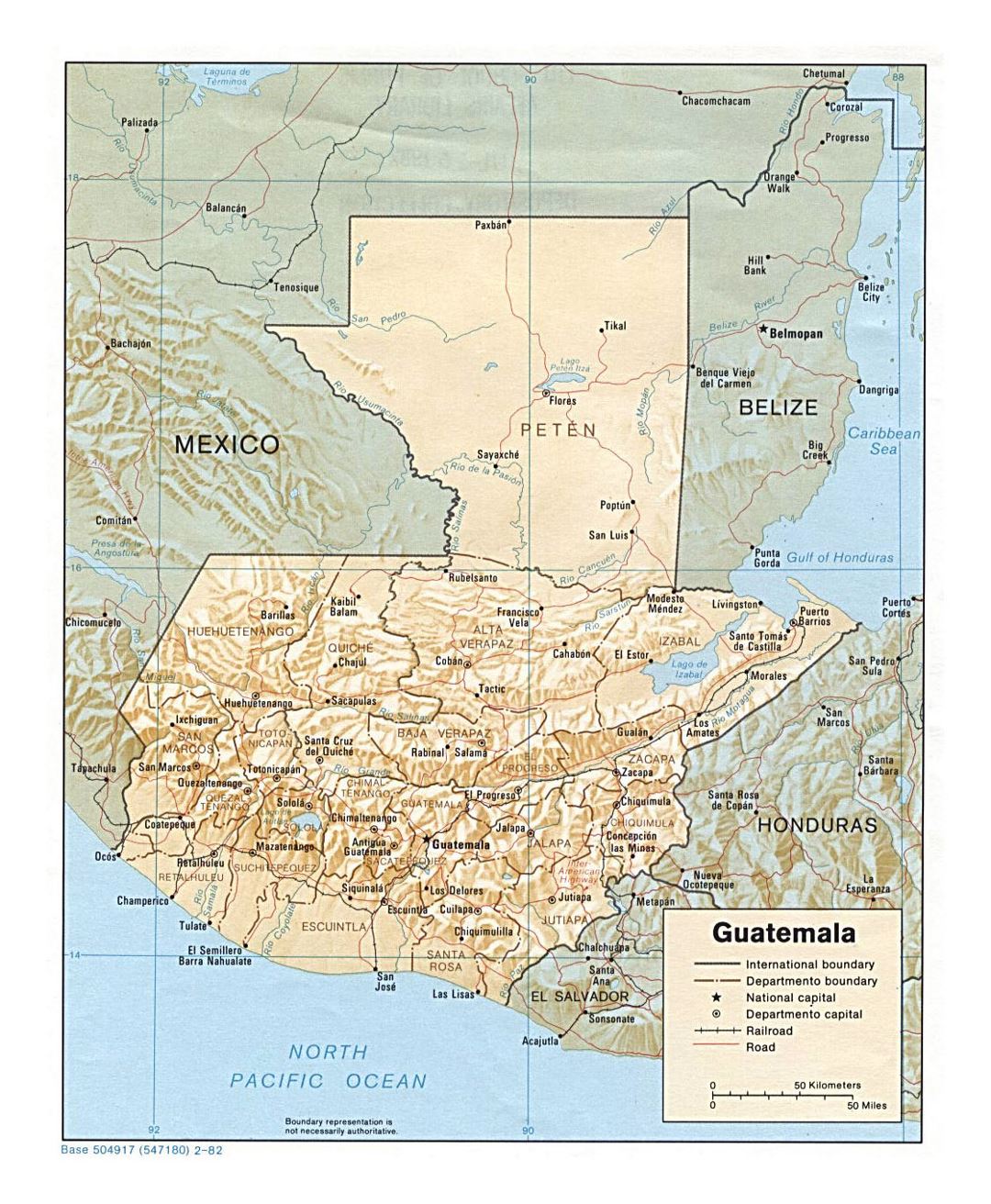 Detailed political and administrative map of Guatemala with relief, roads, railroads and major cities - 1982