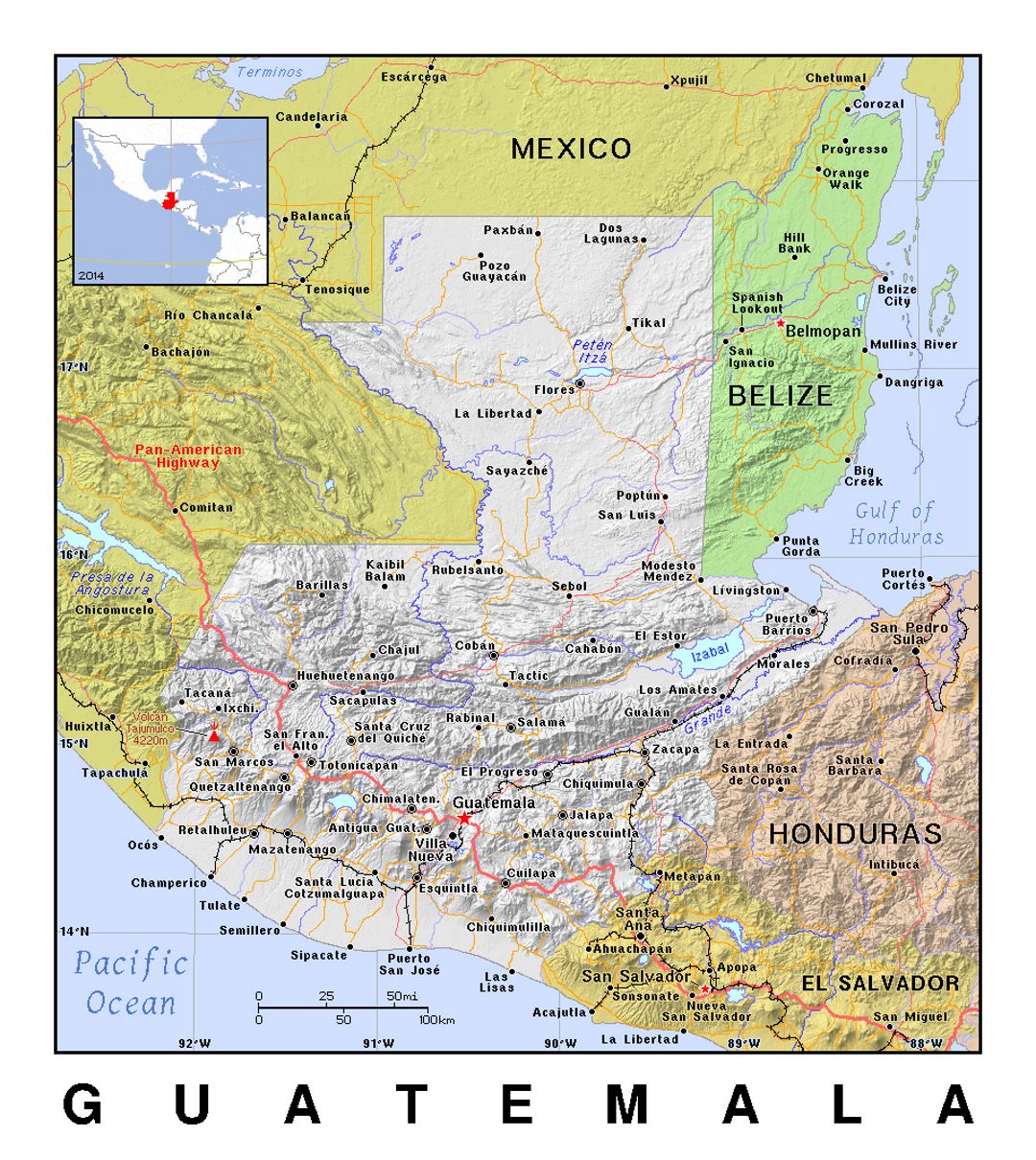 Detailed political map of Guatemala with relief