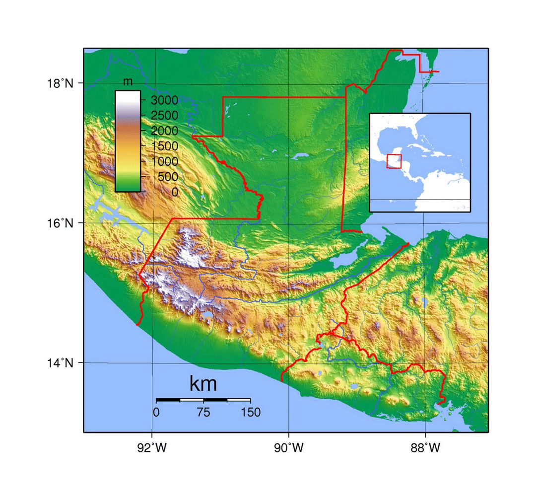 Detailed topographical map of Guatemala