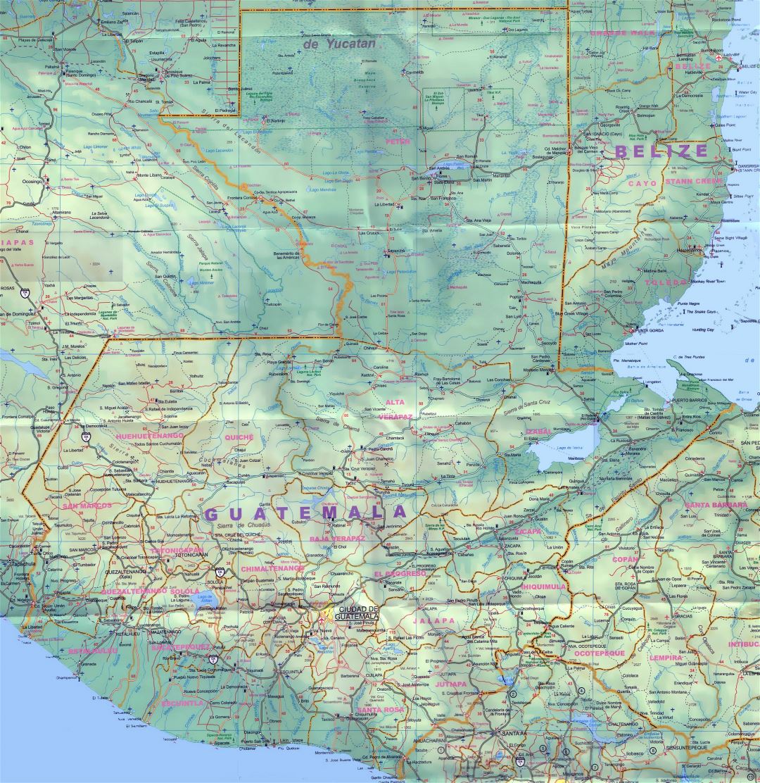 Large detailed map of Guatemala with cities, towns, roads, airports and other marks