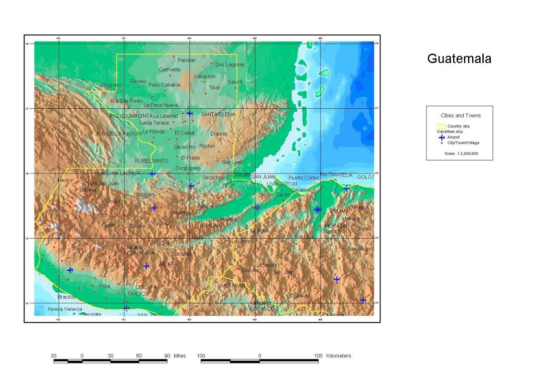 Large detailed map of Guatemala with relief, cities, towns, villages and airports - 1998
