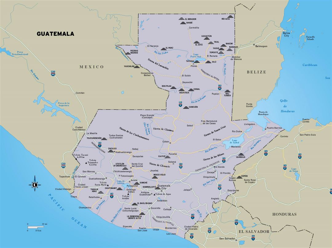 Large detailed map of Guatemala with roads, major cities and other marks