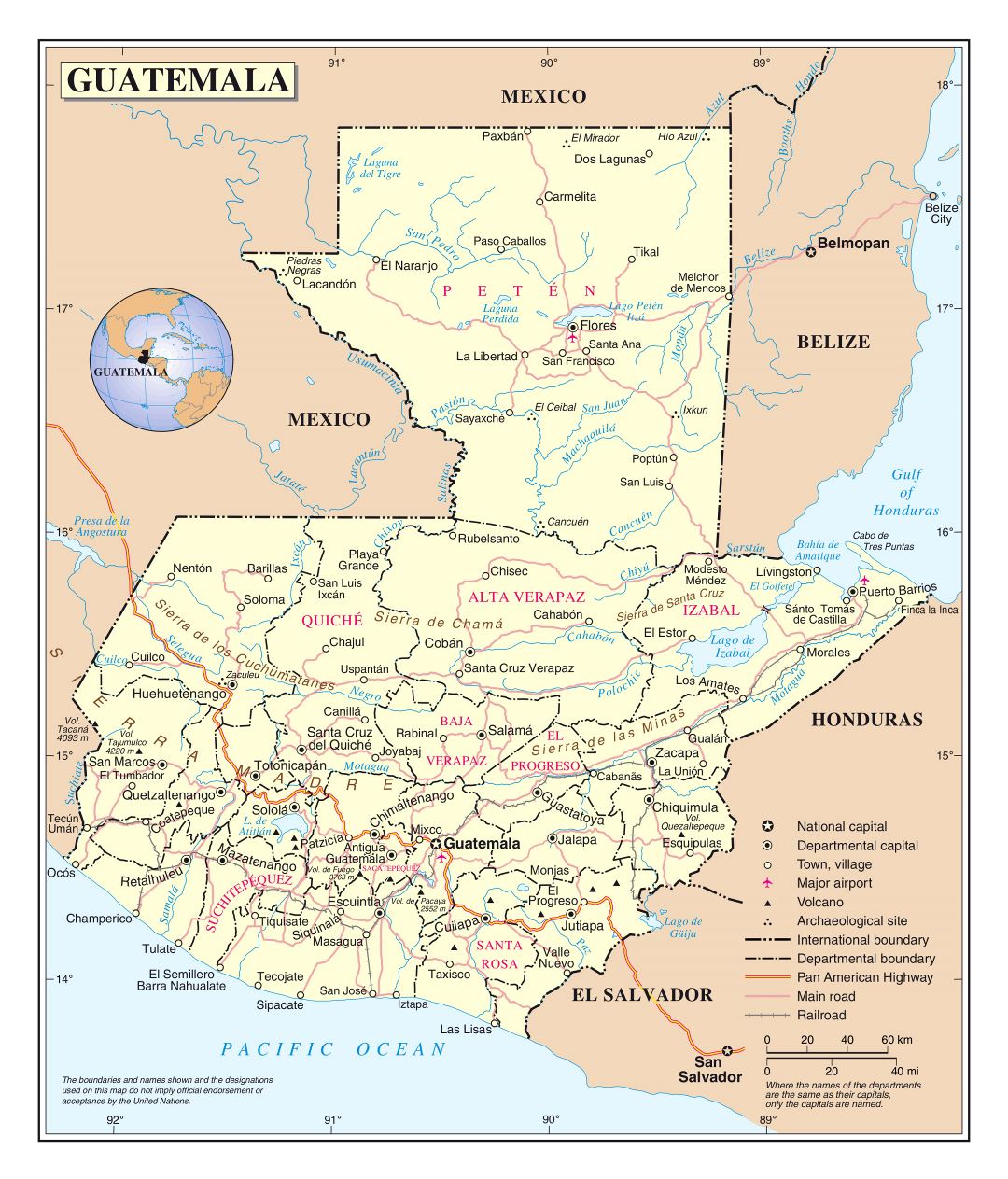 Large detailed political and administrative map of Guatemala with roads, railroads, cities and airports