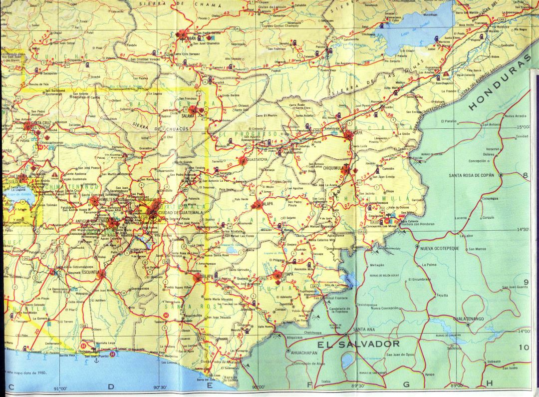 Large detailed South-Eastern Guatemala road map