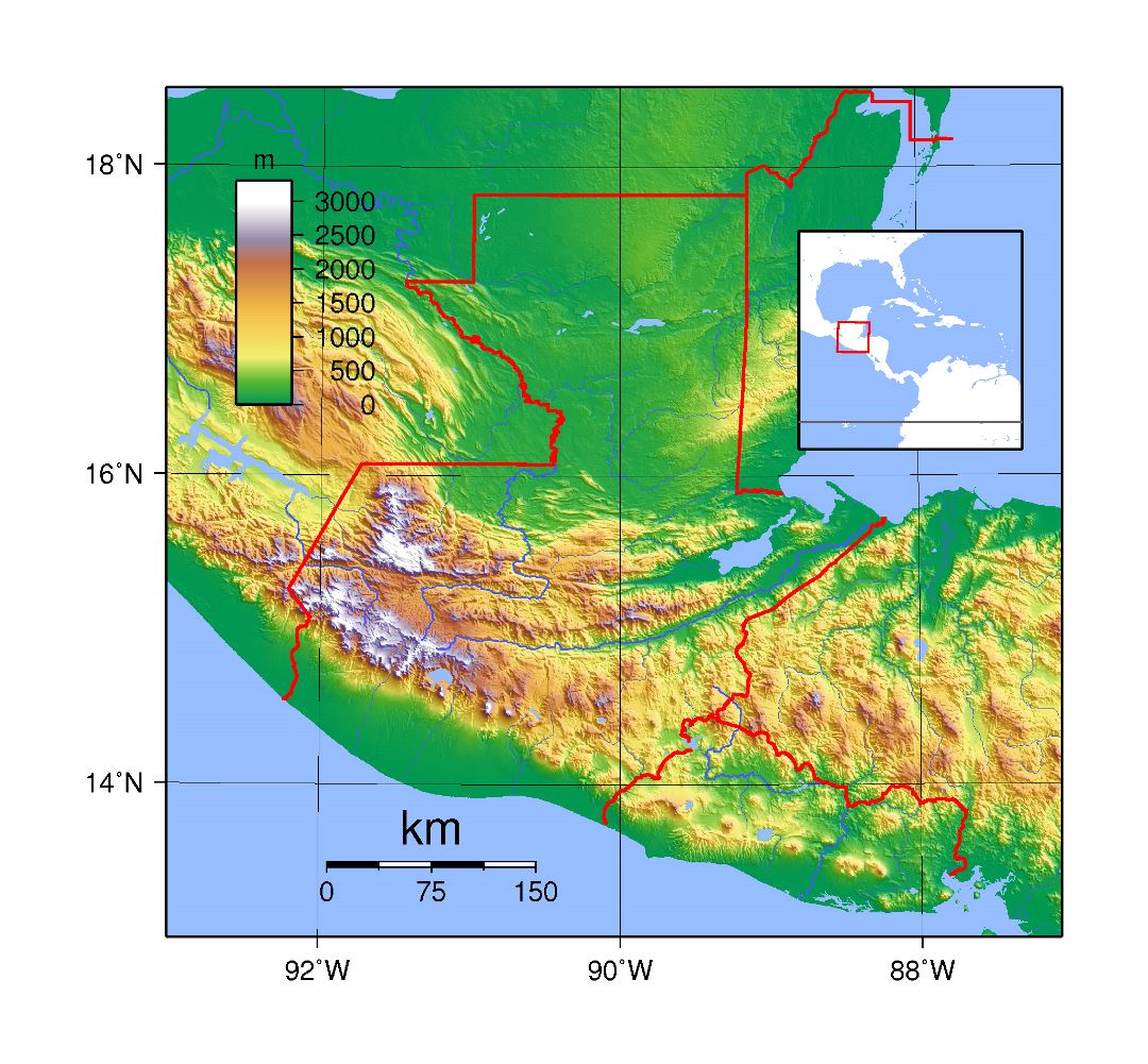 Large detailed topography map of Guatemala