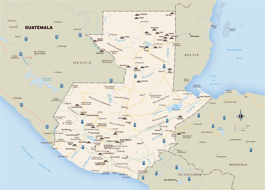 Large detailed travel map of Guatemala with roads and major cities