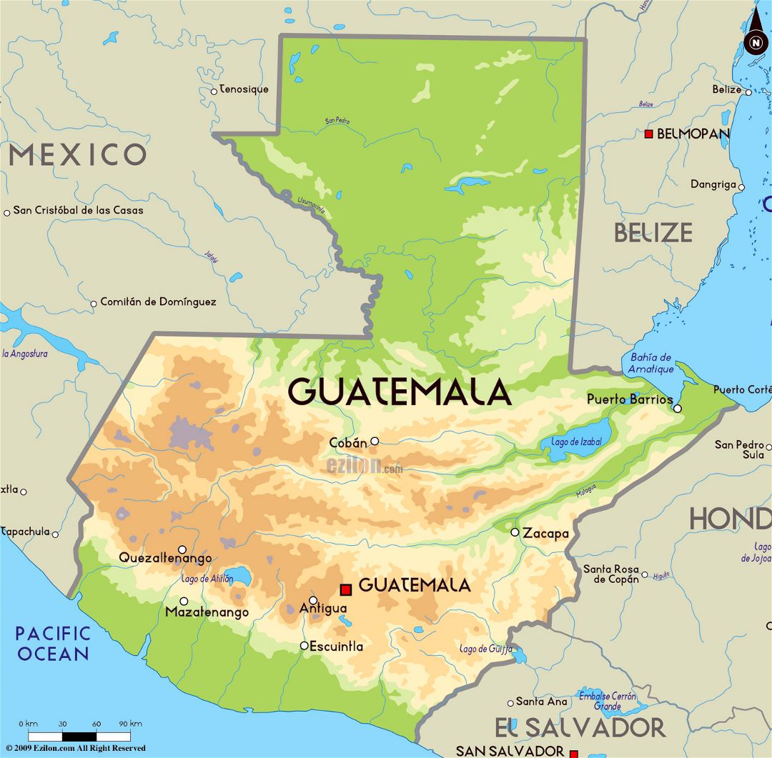 Large physical map of Guatemala with major cities