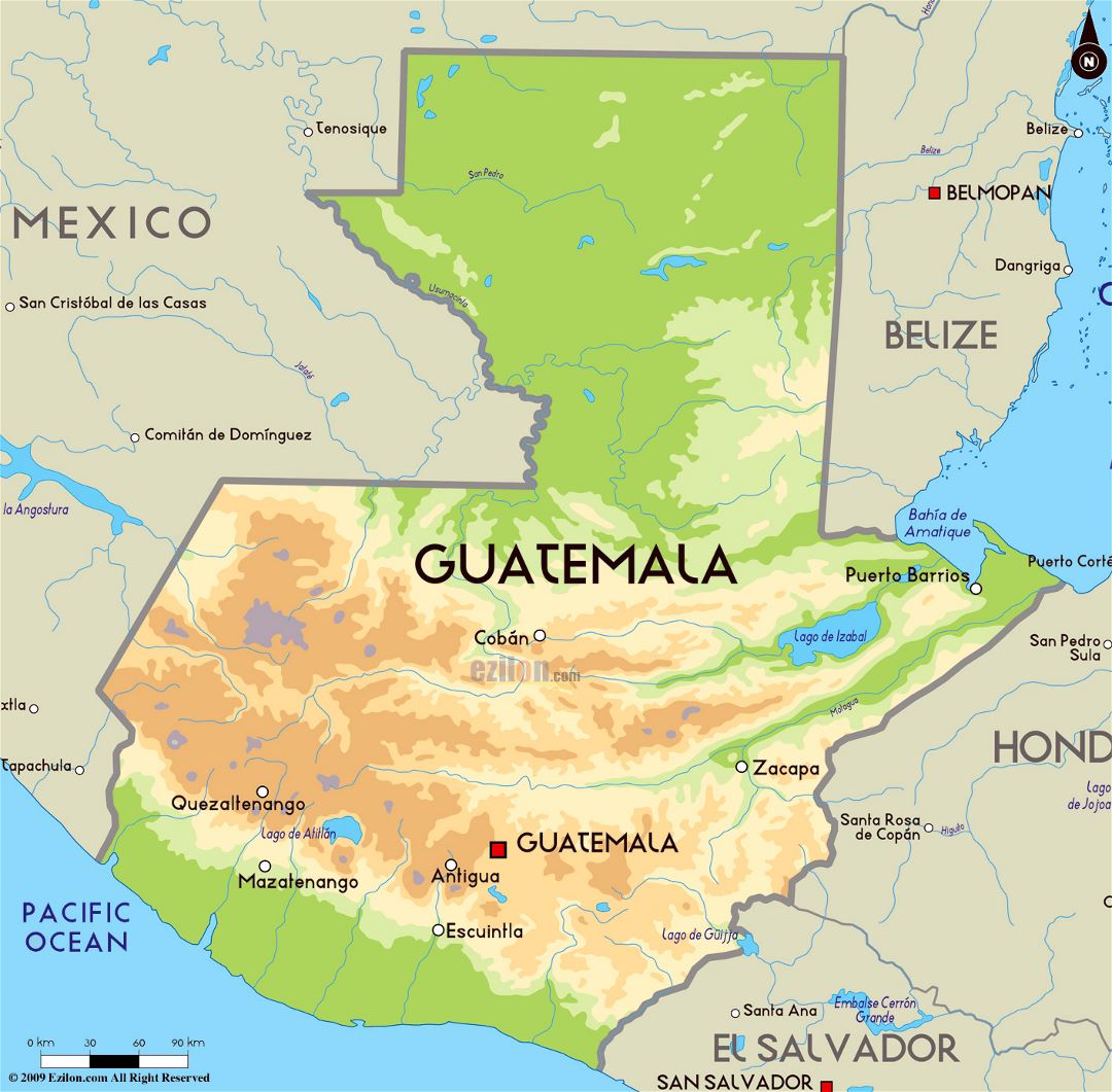 Large physical map of Guatemala with major cities