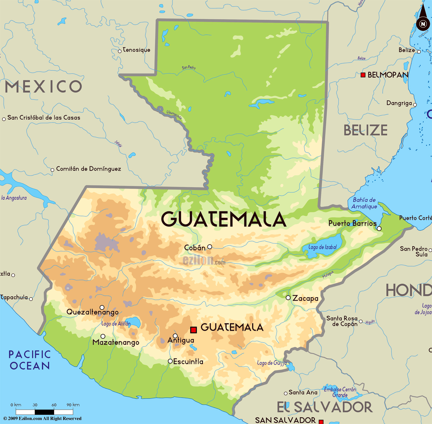 Large physical map of Guatemala with major cities | Guatemala | North ...