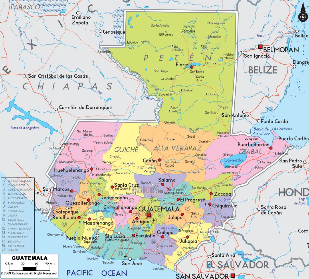 Large political and administrative map of Guatemala with roads, cities and airports