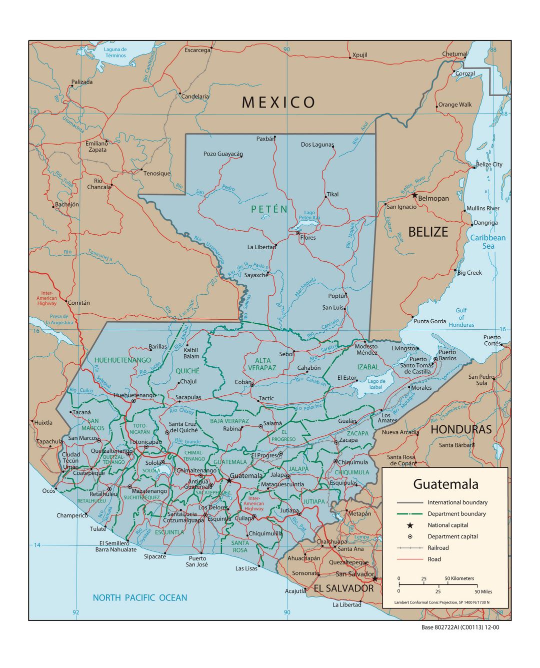 Large political and administrative map of Guatemala with roads, railroads and cities - 2000