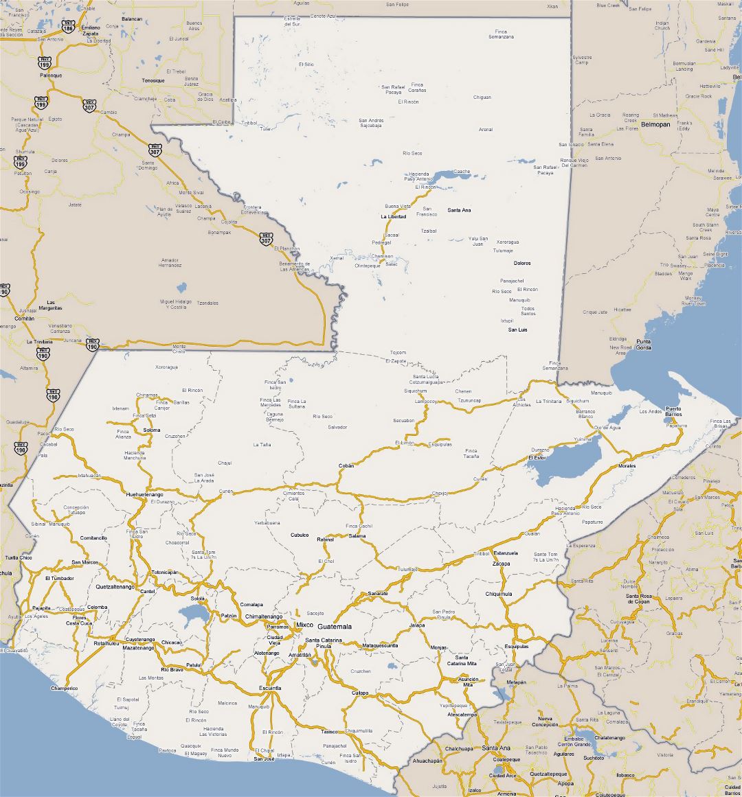 Large road map of Guatemala with cities