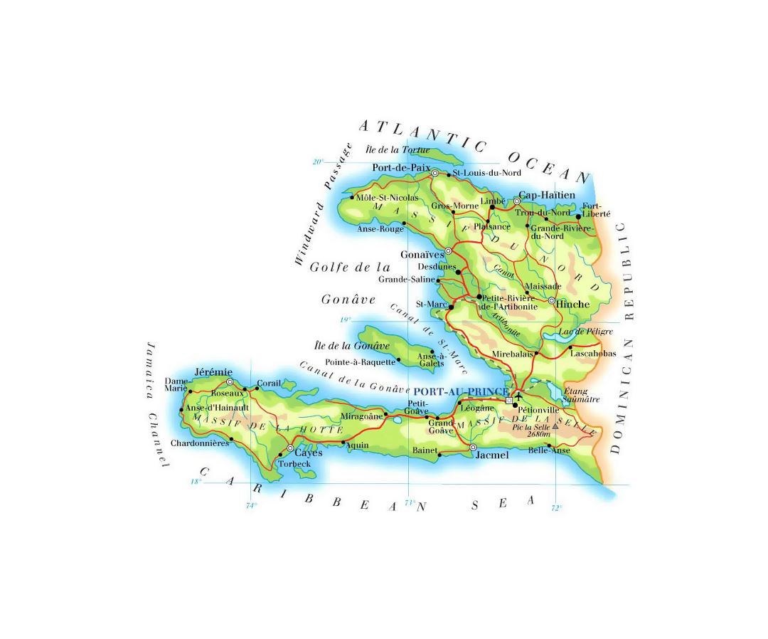 Detailed elevation map of Haiti with roads, railroads, cities and airports