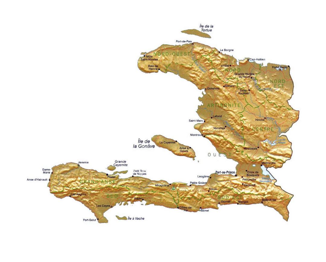 Detailed map of Haiti with relief, administrative divisions, roads and cities