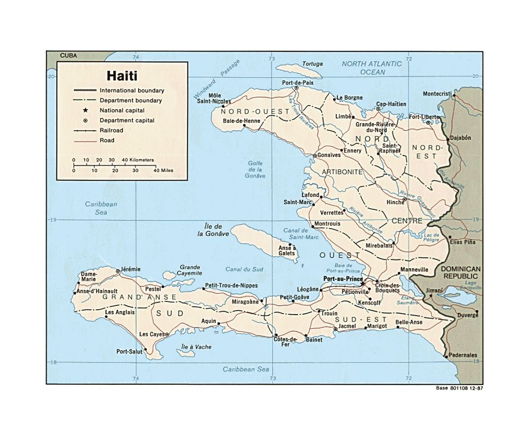 Detailed political and administrative map of Haiti with roads, railroads and major cities - 1987