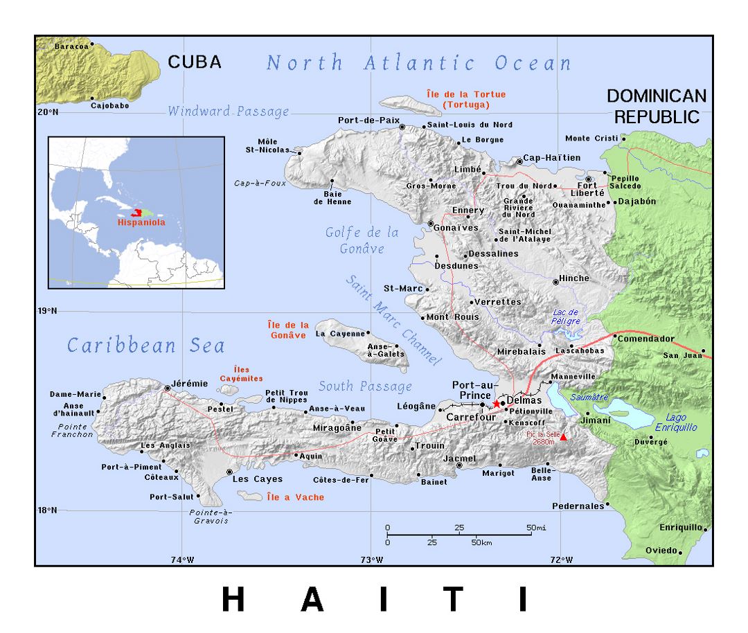 Detailed political map of Haiti with relief